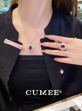 奢华豪镶大牌款培育合成红宝石戒指吊坠耳坠套装.银镀金