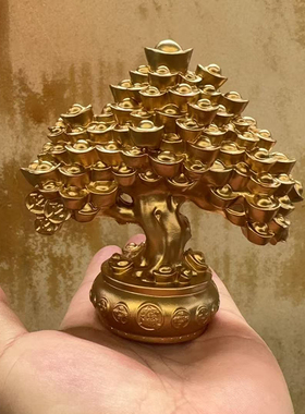 仿黄铜发财树摆件 树脂金钱元宝树家居办公摆件工艺品