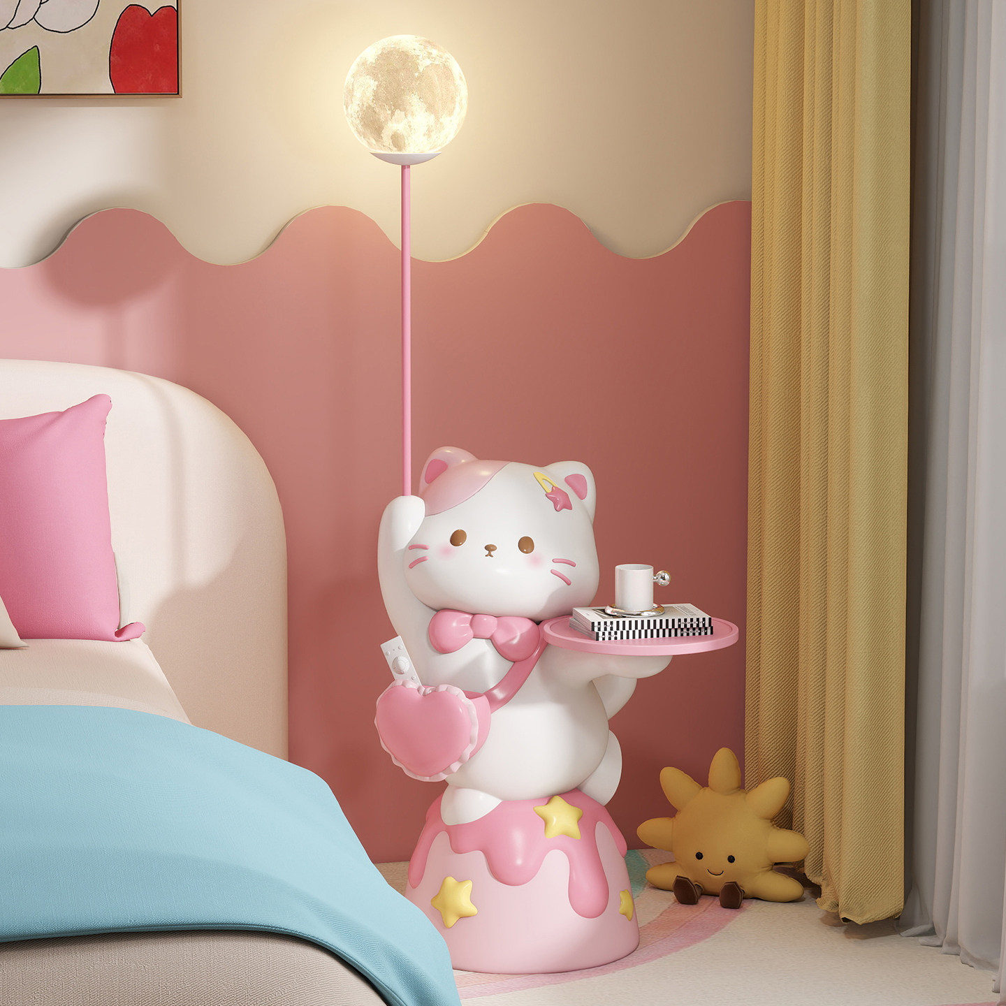 可爱猫猫落地灯摆件客厅沙发旁夜灯一体置物架儿童房粉色布置装饰,淘宝优惠券,粉丝福利购,淘宝优惠卷