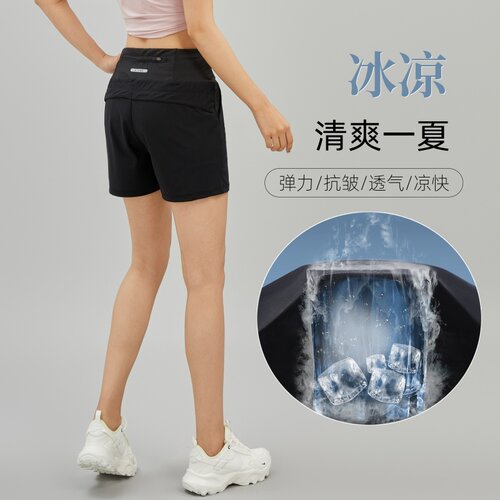 女运动短裤冰丝速干后腰口袋可放手机瑜伽健身休闲裤宽松跑步短裤 - 图1