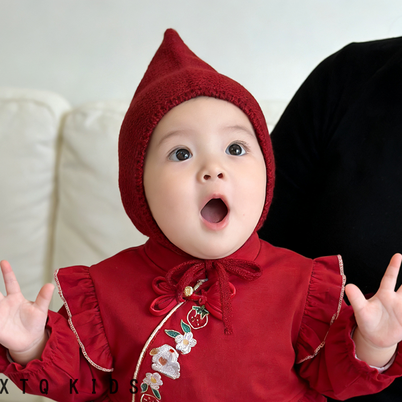 婴儿帽子秋冬季可爱超萌男女童宝宝毛线针织护耳帽红色尖尖巫师帽,淘宝优惠券,粉丝福利购,淘宝优惠卷