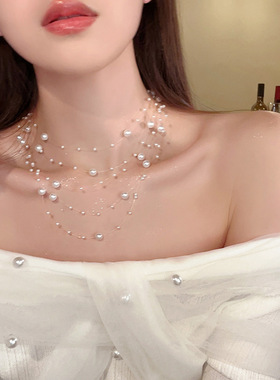满天星多层珍珠项链女法式高级感轻奢锁骨链鱼线叠戴颈链配饰