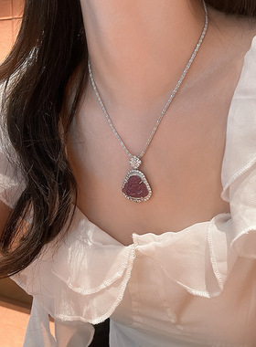 闪钻冰紫佛吊坠项链女款vintage新中式轻奢小众设计高级感锁骨链