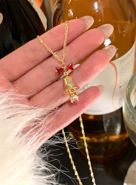 金色铃铛蝴蝶结项链女森系甜美少女心锁骨链小众设计高级感毛衣链
