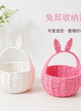 可爱兔耳手编棉绳迷你收纳篮