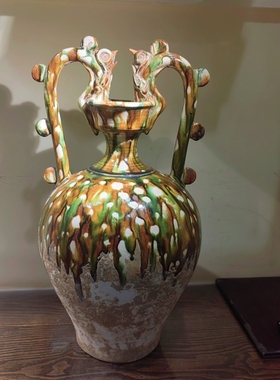 唐三彩仿古双龙瓶双龙樽艺术收藏