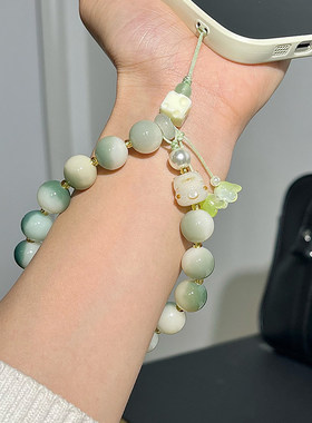 绿飘花多宝菩提手机链吊坠铃兰花挂件可爱招财猫手腕款防丢挂绳女