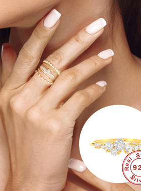 S925纯银镶钻轻奢戒指欧美时尚潮流简约彩钻ins戒指几何首饰指环