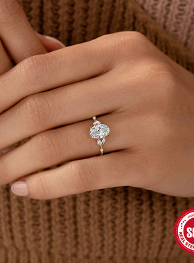 S925纯银蛋形镶钻戒指欧美时尚热卖ins克拉超闪镶钻结婚订婚戒指