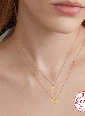 S925纯银创意圆形锁扣吊坠锁骨链欧美跨境时尚简约潮流款项链项饰