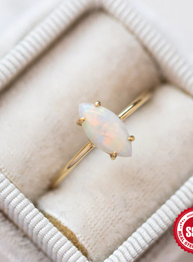 S925纯银四爪镶澳宝蛋白石戒指欧美时尚简约ins风女士结婚戒指环