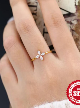 S925银戒指镀金镶嵌马眼锆石花形开口女式戒指指欧美INS网红同款