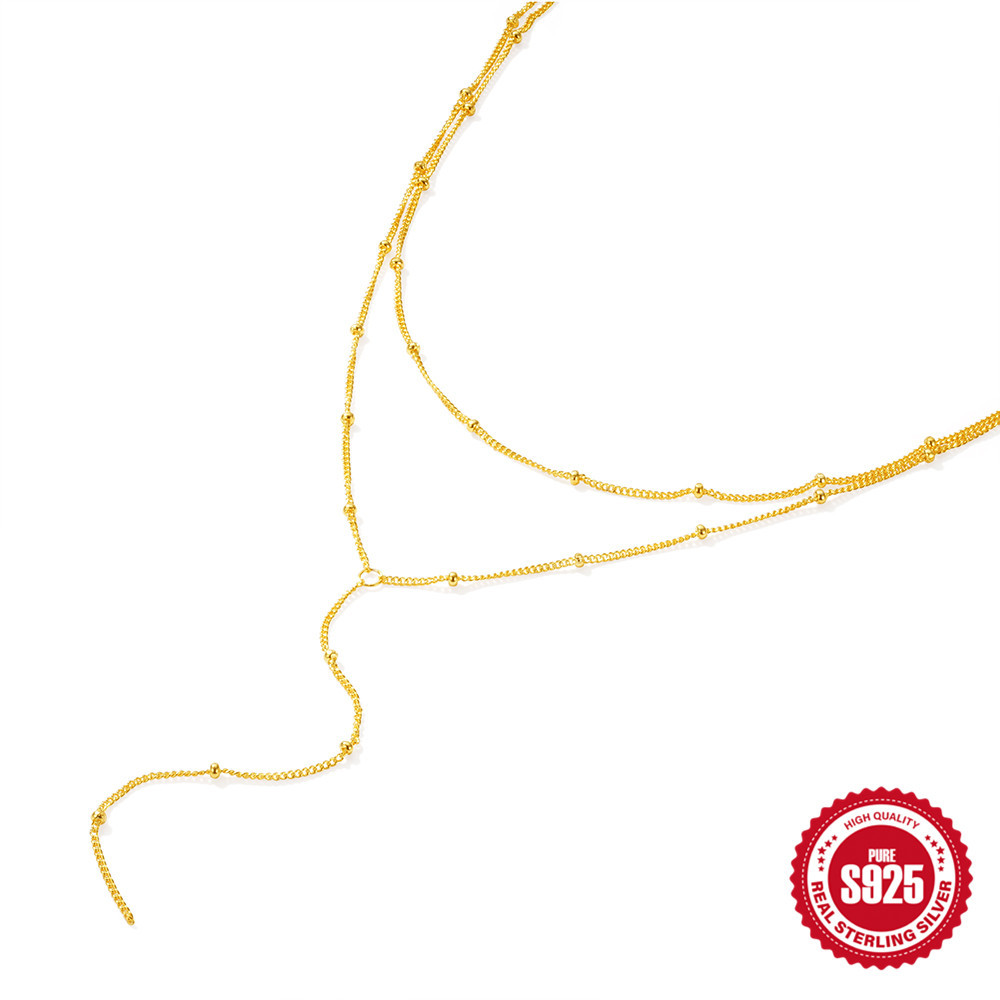 欧美时尚s925纯银简单无限优雅经典双层侧身间珠链Y形项链Y字链 - 图2