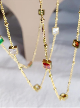 欧美优雅正方块组合链条精细锁骨链彩色镶钻项链镀K真金持久保色