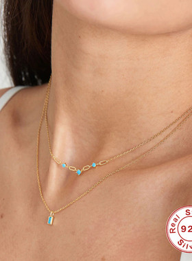 S925纯银回形针绿松石锁骨项链女欧美创意款INS潮人气质项饰