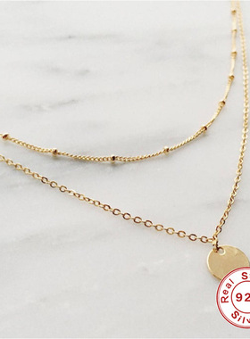 S925纯银高级感分层锁骨项链欧美个性潮流网红INS风圆牌吊坠项饰