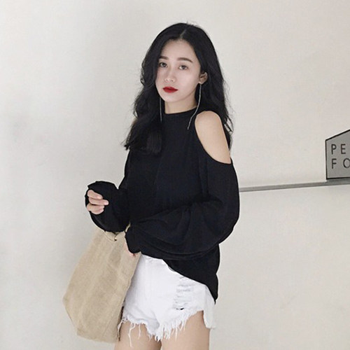 防晒罩衫别致长袖夏遮肉露肩设计感大码休闲上衣欧货宽松黑色罩衫 - 图2