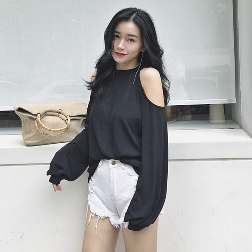 防晒罩衫别致长袖夏遮肉露肩设计感大码休闲上衣欧货宽松黑色罩衫 - 图1