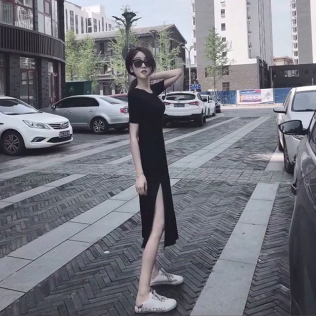 Sexy dress modal ສີດໍາດ້ານ slit ຍາວ skirt