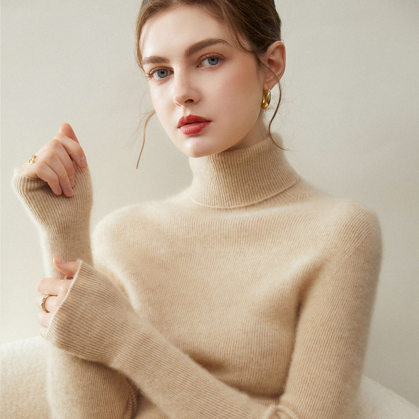 康赛妮~100%一线抽条高翻领简约风纯山羊绒衫女打底衫毛衣内搭款,淘宝优惠券,粉丝福利购,淘宝优惠卷