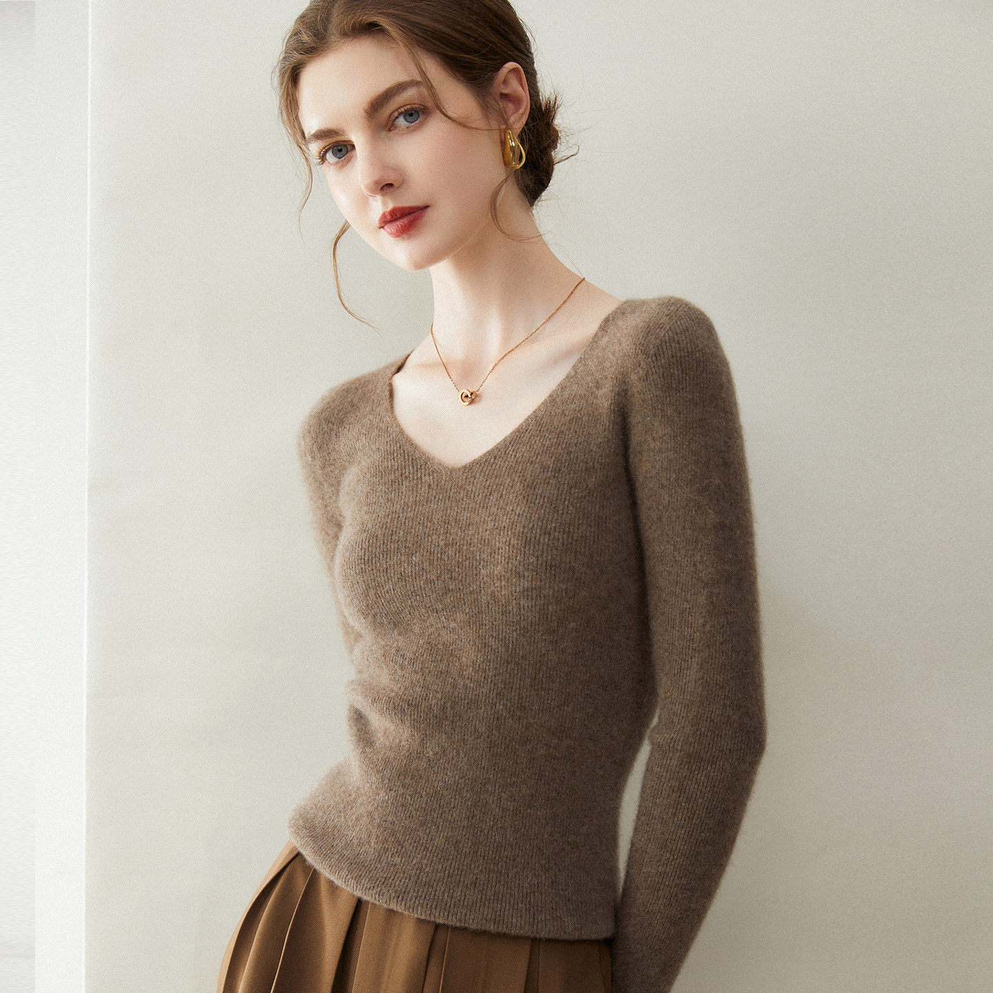 康赛妮纱修身一线抽条女纯羊绒衫V领紧身毛衣内搭针织打底衫上衣,淘宝优惠券,粉丝福利购,淘宝优惠卷