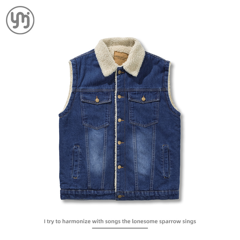 美式水洗做旧牛仔夹克背心秋冬男士羊羔绒加厚保暖休闲马甲外套 - 图0