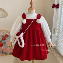 Girl Princess Dress Winter Han Edition Childrens New Year Suit 2023 Ocean Gas Plus Suede Dress Two Sets of Fairy Tales