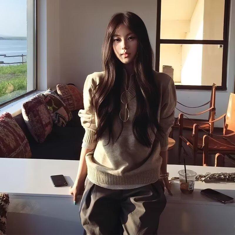 假两件学院风领带针织毛衣女2025冬季新款衬衫领修身显瘦百搭上衣 - 图2