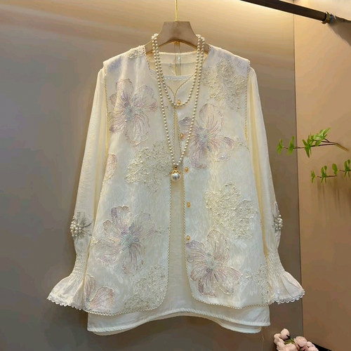 胖mm大码女装春季2026新款新中式重工刺绣钉珠气质盘扣马甲打底衫 - 图1