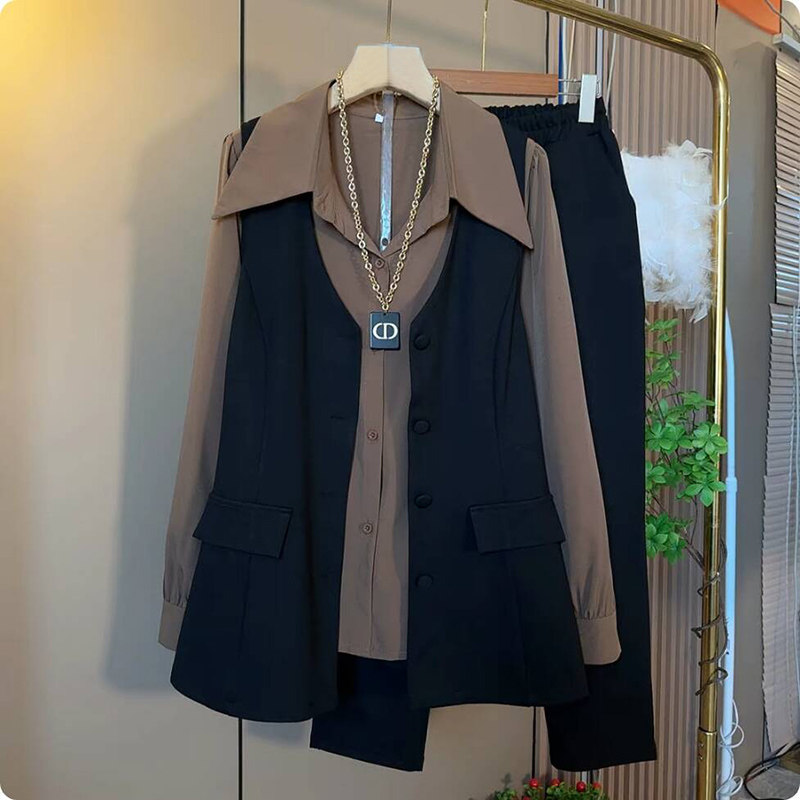 2025早秋新款大码女装胖mm欧货时尚气质显瘦马甲打底衫裤子三件套,淘宝优惠券,粉丝福利购,淘宝优惠卷