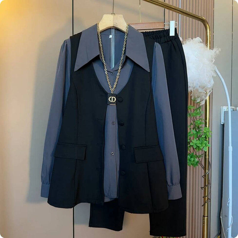 2025早秋新款大码女装胖mm欧货时尚气质显瘦马甲打底衫裤子三件套,淘宝优惠券,粉丝福利购,淘宝优惠卷