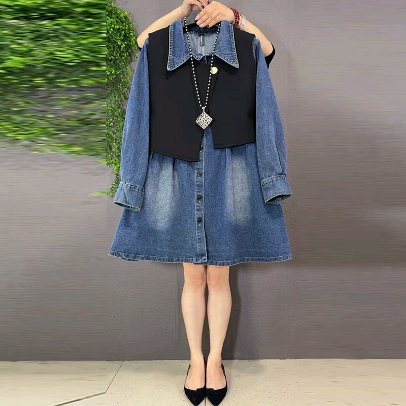 胖妹妹设计感不对称马甲翻领宽松牛仔裙套装2026春季新款大码女装,淘宝优惠券,粉丝福利购,淘宝优惠卷