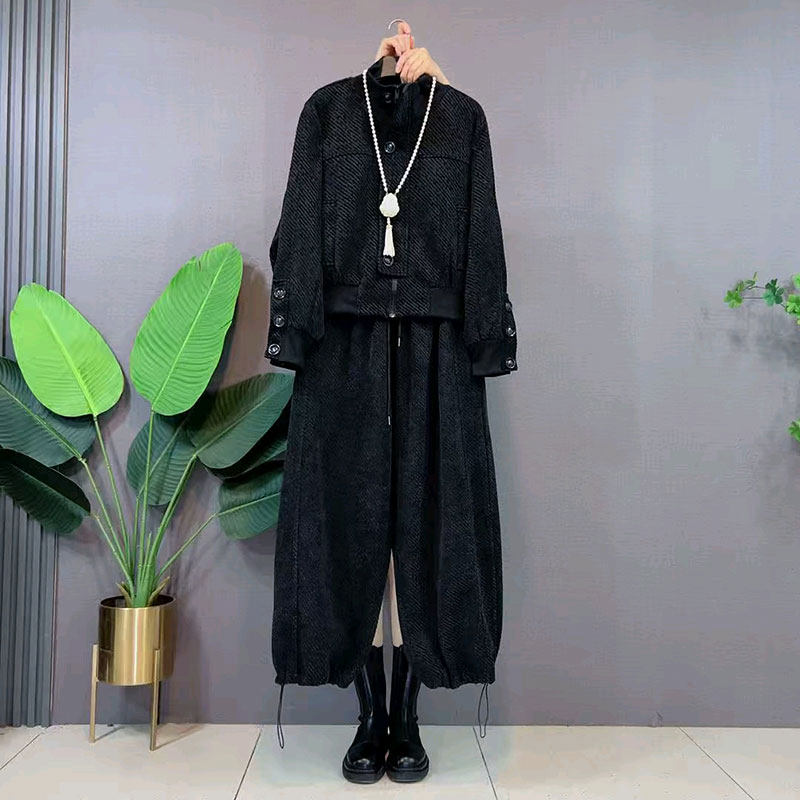 慵懒风春季新款百搭外套立领长袖上衣抽绳裤子两件套大码女装遮肉,淘宝优惠券,粉丝福利购,淘宝优惠卷