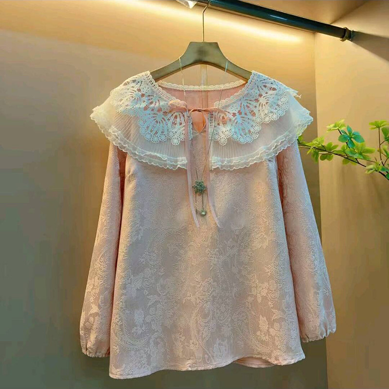 新款韩版时尚洋气双层蕾丝娃娃领气质上衣大码女装胖mm遮肉长袖衫,淘宝优惠券,粉丝福利购,淘宝优惠卷