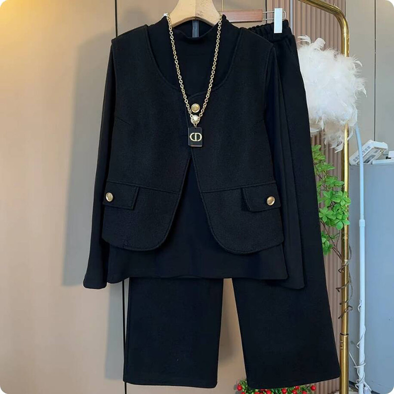 秋季爆款大码女装时尚高级感纽扣牙签呢马甲打底衫裤子休闲三件套,淘宝优惠券,粉丝福利购,淘宝优惠卷