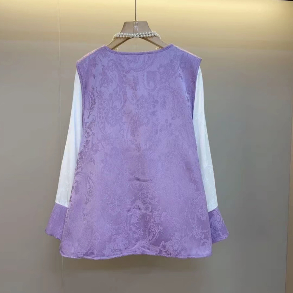 早秋新款暗花马甲拼色袖口打底衫两件套胖MM显瘦大码女装国风套装 - 图3