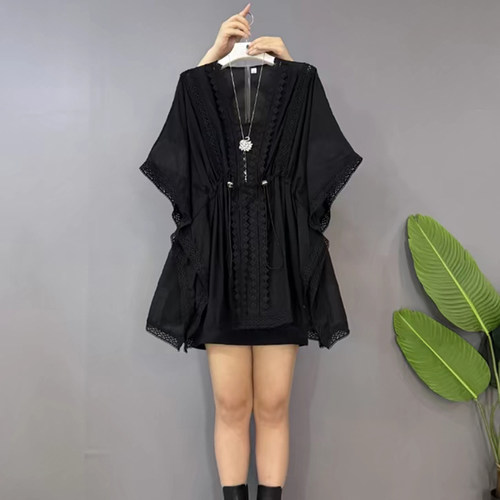 2025夏季减龄新款大码女装胖MM时尚气质洋气蝙蝠袖松紧腰遮肉大衫 - 图3