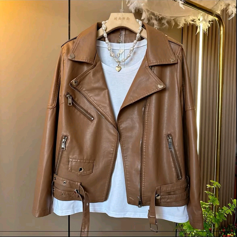 2025欧货秋季爆款高品质拉链翻领机车外套大码女装胖mm百搭打底衫 - 图1