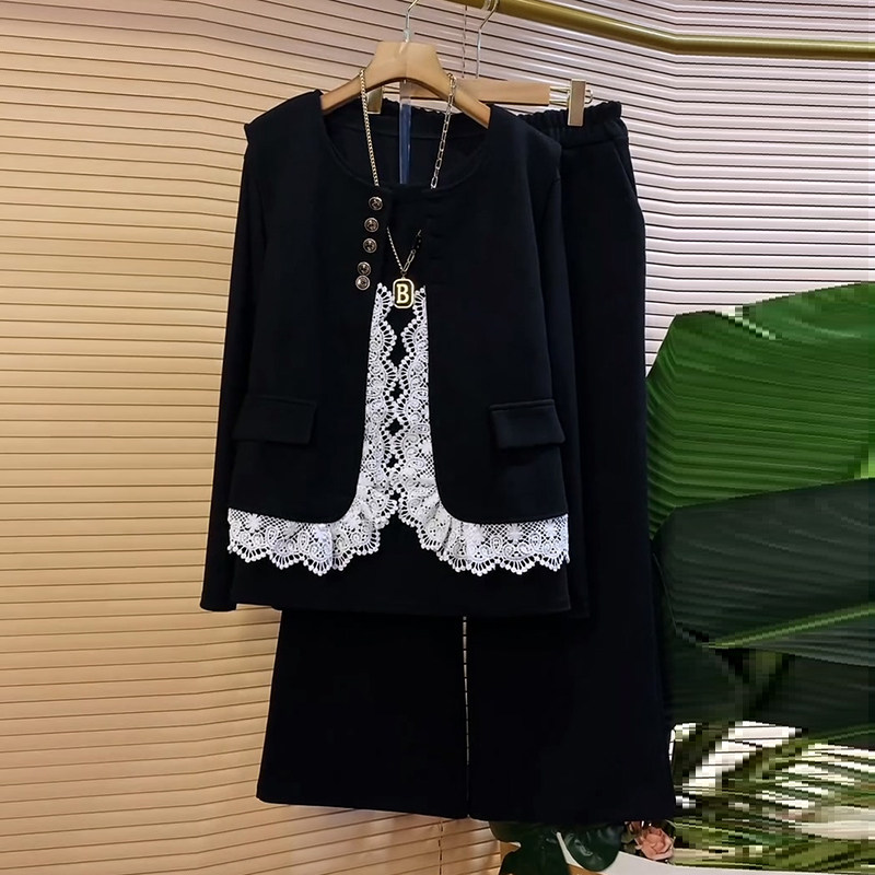 胖妹妹2025早秋新款大码女装时尚高级感蕾丝边马甲打底裤子三件套,淘宝优惠券,粉丝福利购,淘宝优惠卷