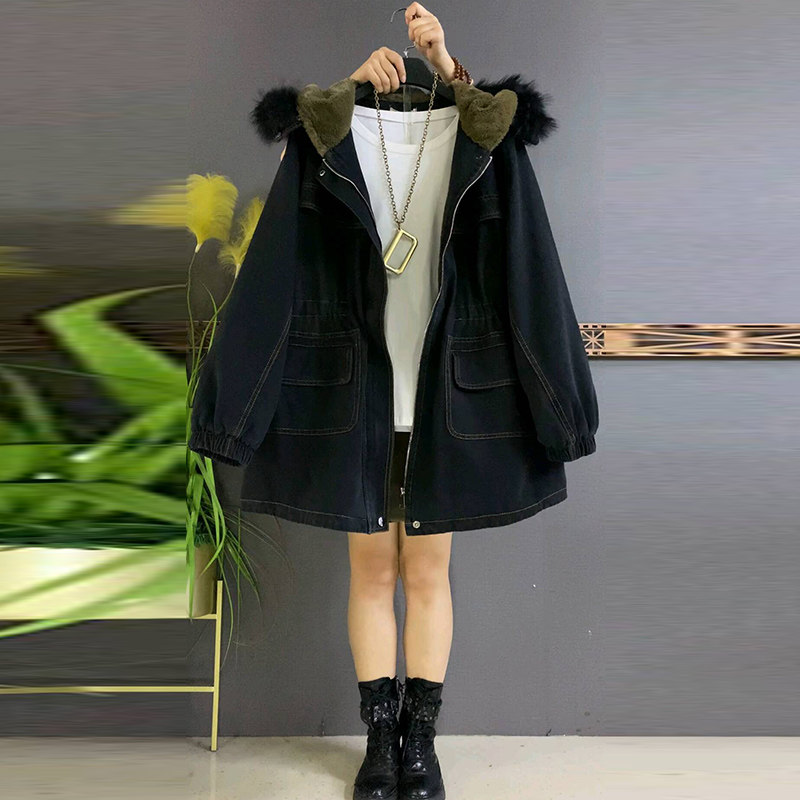冬季新款时尚毛领连帽加厚牛仔外套加肥大码女装收腰大兜保暖上衣,淘宝优惠券,粉丝福利购,淘宝优惠卷