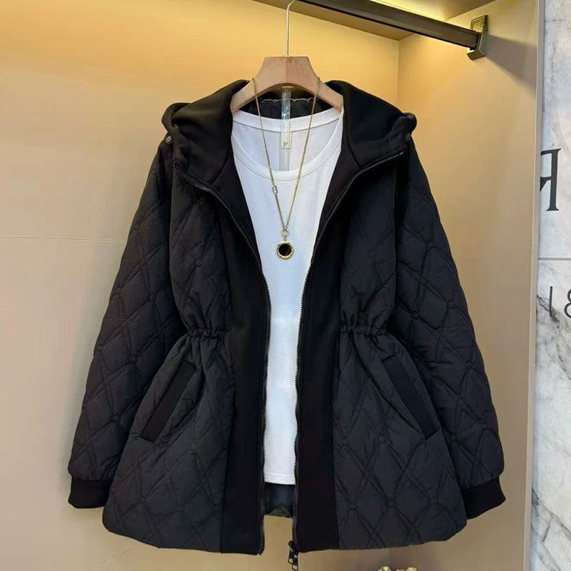 2025冬气质欧货简约菱形格胖m宽松加厚抽绳时尚大码女装外套上衣,淘宝优惠券,粉丝福利购,淘宝优惠卷