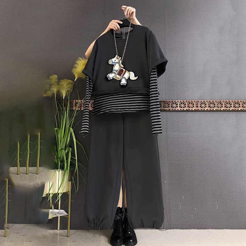 胖mm春季新款大码女装时尚假两件马图拼接条纹上衣松紧腰裤子套装,淘宝优惠券,粉丝福利购,淘宝优惠卷