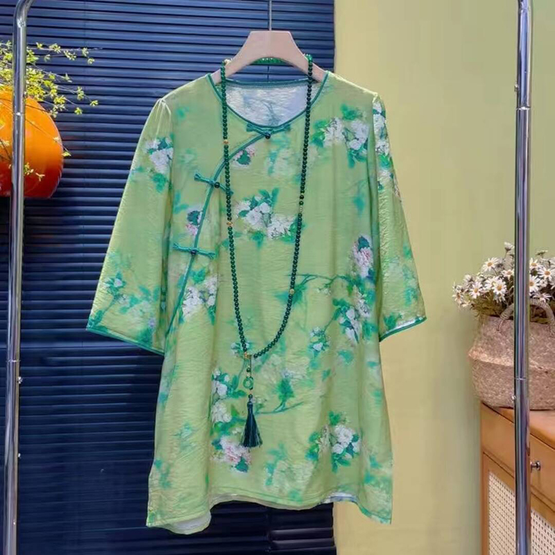 欧洲站2025夏季新款新中式国风印花大衫大码女装胖mm宽松遮肉上衣