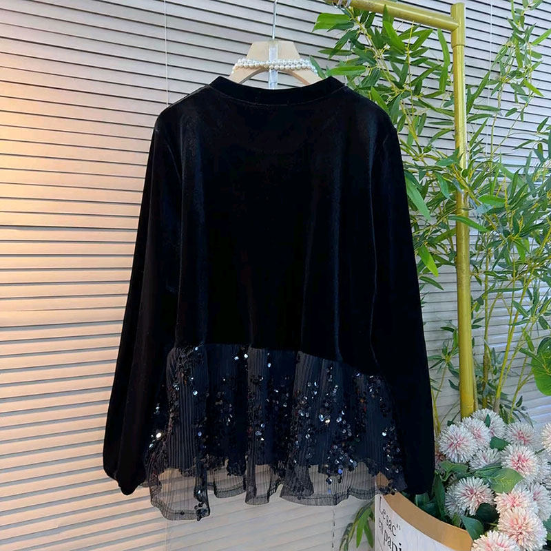 2026爆款气质名媛风钉珠拼接蕾丝亮片丝绒女人衫大码女装洋气上衣,淘宝优惠券,粉丝福利购,淘宝优惠卷
