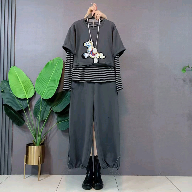 胖mm显瘦卡通小马卫衣简约大码女装拼接条纹小衫春季新款裤子套装,淘宝优惠券,粉丝福利购,淘宝优惠卷