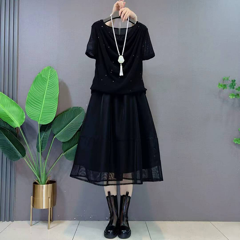 2025夏季新款韩版冰丝网纱短袖T恤小衫大码女装胖mm百搭半身裙潮