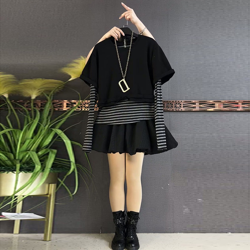 胖mm显瘦拼接条纹上衣2026春季新款假两件衬衫大码女装半身裙套装,淘宝优惠券,粉丝福利购,淘宝优惠卷