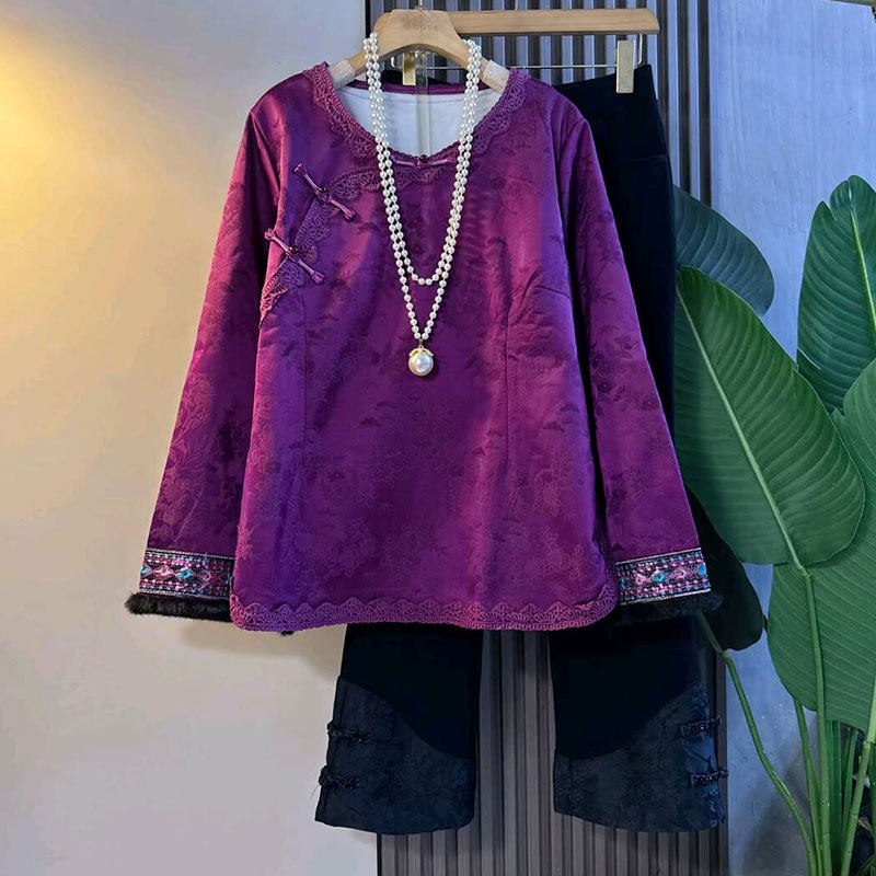 胖妹妹冬季新款大码女装中式国风缎面提花加绒盘扣上衣百搭裤子女,淘宝优惠券,粉丝福利购,淘宝优惠卷