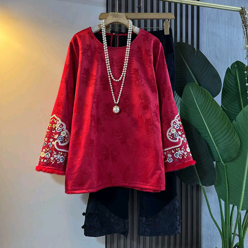 国风复古提花有鱼刺绣加绒大衫新款胖妹妹大码女装百搭盘扣裤子潮,淘宝优惠券,粉丝福利购,淘宝优惠卷