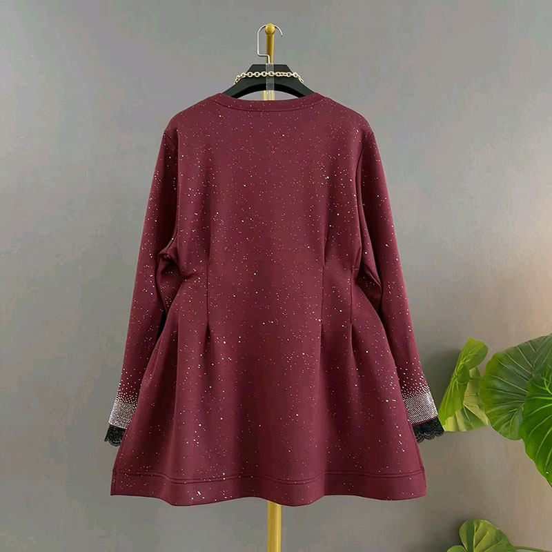 2026春季新款时尚圆领袖口烫钻拼蕾丝满天星宽松遮肉大码女装上衣,淘宝优惠券,粉丝福利购,淘宝优惠卷